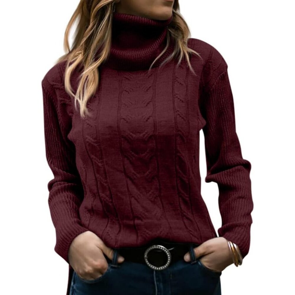 Womens Wine Pull On Cable Knit Turtleneck Long Sleeve Casual Warm Sweaters